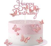 Pink Cake Decorations, Butterfly Cake Decorations, Cake Toppers Girls-HSC 13 pcs Pink Glitter happy birthday cupcake toppers, Butterfly Theme Cupcake for Girls Women Celebrations