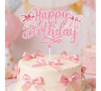 Pink Cake Decorations Set - 13 Pieces Happy Birthday Cake Topper with 12 Bows, Non-Edible Cupcake Toppers for Birthday Party Decorations