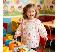 Pink Cake Gift Printed Long-Sleeved Apron,Waterproof Dining Apron with Adjustable Collar Fasteners,Suitable for Daily Feeding Use as Well as DIY Creative Painting Activities.