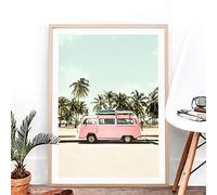 Pink Camper Van Bus Canvas Art Prints Retro Car Poster Beach Palm Trees Canvas Painting Coastal Wall Picture Boho Art Home Decor 40x60cm no Frame