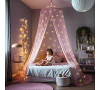 Pink Canopy for Girls Bed with Pre-Glued Glow in The Dark Stars - Princess Mosquito Net Room Decor - Kids & Baby Bedroom Tent with Galaxy Lights - 1 Opening Canopy Bed & Hanging Kit Included