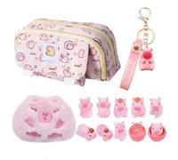 Pink Capybara Pencil Case Kit,13Pcs Capybara Stationery Set School Pencil Pouch with Compartments,Capybara Plush Toy,Mini Resin Capybara Figures Animal Keyring Capybara Keychain Kids Gift for Girls