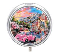 Pink Car in Seaside Town Pill Box Travel Pill Case for Purse Pocket
