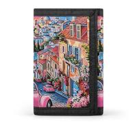 Pink Car in Seaside Town Wallet for Men with Cash Pocket 1 Id Window 8-13 Cards Slim Rfid Blocking Trifold Wallet