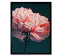 Wall Art Print Pink Carnation Dark Teal Flower Abstract Floral Painting Art Framed Artery8 Black W12 inch x H16 inch