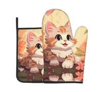 Pink Cartoon Cat 2-Piece Heat-Resistant Baking Set, Oven Mitt and Trivet, Essential forKitchen Cooking and Outdoor Barbecuing