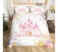 Pink Castle Kid Duvet Cover Set King Size, Watercolor Flower Bedding Set for Girl Princess Bedroom Decor, Fairy Tale Garden Floral Comforter Cover, Soft Polyester Quilt Cover, 2 Pillowcases