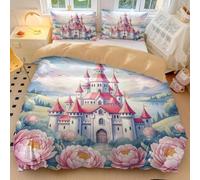 Pink Castle Peony Duvet Cover, Watercolor Fairy Tale Bedding, Princess Cartoon Kids Bedding,Floral Duvet Cover with 2 Pillowcases (05,King 240x220cm+65x65cm*2)