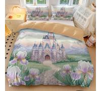 Pink Castle Peony Duvet Cover, Watercolor Fairy Tale Bedding, Princess Cartoon Kids Bedding,Floral Duvet Cover with 2 Pillowcases (03,Double200x200cm+50x75cm*2)