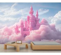 Pink Castle Wall Murals, Dream Princess Castle Mural, Cartoon Wallpaper for Living Room Bedroom Office Hotel Bar Ceiling Decor - 366x254cm