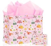 Pink Cat Birthday Gift Bag Kawaii Kitten Cat Gift Wrapping Paper Bag with Greeting Card for Boys Girls Women Men Friends Baby Shower Birthday Adoption Anniversaries Party Gifts Wrap Favors Supplies
