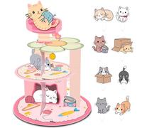 Pink Cat Climbing Frame Cupcake Stand with 16 Cupcake Toppers,Cartoon Cat Dessert Holder for Kitten Birthday Party Baby Shower Decorations