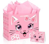 Pink Cat Gift Bag Cute Cat Birthday Gift Bag with Tissue Paper and Card Funny Meow Kitty Wrapping Paper Kawaii Heart Paw Print Gift Bags for Girls Kids Pets Cats Birthday Baby Shower Party Decor