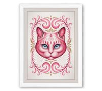 Pink Cat in Gold Frame Art Deco Framed Wall Art Print A1 (84.1×59.4cm) White, Wall Decor for Living Room, Bedroom, Office & Home, Ready to Hang, Art Gift