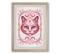 Pink Cat in Gold Frame Art Deco Framed Wall Art Print A2 (59.4×42cm) Oak, Wall Decor for Living Room, Bedroom, Office & Home, Ready to Hang, Art Gift
