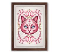 Pink Cat in Gold Frame Art Deco Framed Wall Art Print A2 (59.4×42cm) Walnut, Wall Decor for Living Room, Bedroom, Office & Home, Ready to Hang, Art Gift