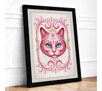 Pink Cat in Gold Frame Art Deco Framed Wall Art Print A3 Black | Ready to Hang, Premium Gi Paper, Fade-Resistant Inks, Securely Packaged, UK Made