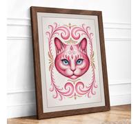 Pink Cat in Gold Frame Art Deco Framed Wall Art Print A3 Walnut