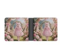 Pink Cat in Rococo Rose Garden Wallet for Men Bifold Rfid Blocking Slim Money Clip Front Pocket Wallet Card Holder
