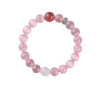 Pink Cat's Eye & Strawberry Quartz Single Strand Bracelet, Handmade with Natural Jade Bead, Smooth 6-9mm Gemstone for Women, Stackable for Commute & Date (9MM)