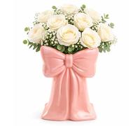 Pink Ceramic Bow Vases for Flowers, 6.1 Inch Flower Vases, Cute Makeup Brushes Organizer, Decorative Pen Holder for Office Home Dining Room Table Decor Bedroom Women Gifts (Pink)