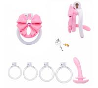 Pink Chastity Cage for Men with Bow, Male Chastity Device with Lock,Urethral Catheter ，4 Rings & Keys Cock Cage for Adult Couples Role Play (White)