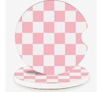 Pink Checkerboard Ceramic Car Coasters - Absorbent Car Cup Holder Coaster Set for Women, Cute Aesthetic Car Accessories for Girls, 2 Pack