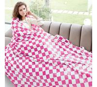 Pink Checkered Blanket Soft Fuzzy Throw Fleece Blanket Checkerboard Cute Decor Stuff for Bed Couch