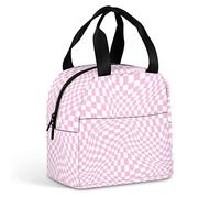 Pink Checkered Lunch Bag, Durable Insulated Lunch Box Reusable Adults Tote Bag Reusable Cooler Bag