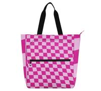 Pink Checkered Plaid Kids Tote Bag Piano Book Bag for Kids Students Adults, Gothic Water-resistant Reusable Grocery Beach Bag with Zipper for School Work Travel Rainbow school supplies