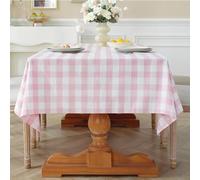 Pink Checkered Rectangular Tablecloth, Washable Cotton Linen Blend, Wrinkle-Free, Perfect for Baby Showers, Picnics, & Kitchen, 152.4 x 269.2 cm, Seats 8-10