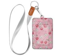 Pink Cherry and Flower Leather Secure Badge Holder with Lanyard and 3-Card Capacity Card Holders for Office School IDs,Hotel Key Cards, Pass Cards