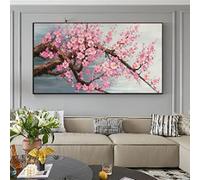 Pink Cherry Blossom Canvas Wall Art Paintings Blooming Floral Large Size Modern Living Room Ready to Hang Wall Decor 60x120cm/24x47in with Black Frame