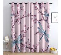 Pink Cherry Blossom Curtain Blackout, Floral Dragonfly Curtains 46x72, Living Room & Bedroom Decor Drapes, Thermal Insulated Eyelet Pink Flower Window Treatments 72 Drop, 2 Panels