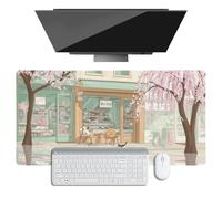 Pink Cherry Blossom Desk Mat, Japanese Cats Sakura Tree Large Mouse Pad, PU Leather Waterproof Desk Protector Pad, Mousepad with Non-Slip Base Stitched Edge Keyboard Mat for Gaming Office