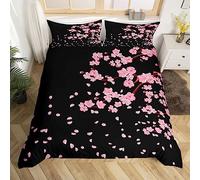 Pink Cherry Blossom Duvet Cover Double, Cute Floral Bedding Set, Japanese Flowers Blossoms Romantic Comforter Cover, Farmhouse Petals Spring Rustic Room Decor Quilt Cover for Young Women Girls