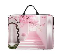 Pink Cherry Blossom Staircase 14-Inch Laptop Sleeve with Water-Repellent Oxford Fabric, Shock-Absorbing Pearl Cotton