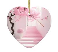 Pink Cherry Blossom Staircase A 2.9-inch Ceramic Christmas Ornament with a Printed Heart is Perfect for windowsills fireplaces and Living Rooms