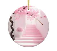 Pink Cherry Blossom Staircase A 2.9-inch Ceramic Christmas Ornament with a Printed Pattern Perfect for windowsills porches and Living Rooms
