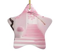 Pink Cherry Blossom Staircase Christmas Ceramic Star Pendant with Punched Holes and Gold Wire Rope, Christmas Tree Home Decoration