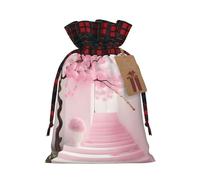 Pink cherry blossom staircase Christmas Tree Hanging Gift Bags Jute Drawstring Sacks with, Eco-Friendly Festive Decor & Small Present Bag for Xmas Tree