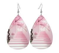 Pink cherry blossom staircase double-sided printed leather earrings int and shape of water drops, creative, light and novel, bright and vivid colors.