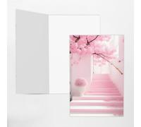 Pink Cherry Blossom Staircase Greeting Card, 4x6 Inches, Heart-Shaped Envelope Packaging, &Suitable For All Occasions.