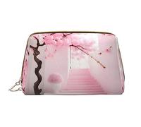 Pink Cherry Blossom Staircase Leather Cosmetic Bag, Waterproof Cute Travel Toiletry Zipper Bag, Women's Cosmetic Storage Bag Set, Brown