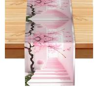Pink cherry blossom staircase Linen Look Table Runner 13x72-Wrinkle Resistant Farmhouse Style for Dining Table Decor