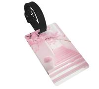 Pink Cherry Blossom Staircase Luggage Tags for Suitcases - Durable PVC ID Tags with Detachable Straps for Travel, Backpack, Golf Bag, Anti-Loss