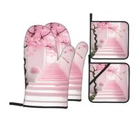 Pink Cherry Blossom Staircase Pattern Oven Mitts & Pot Holders 4-Piece Set - Baking Insulation Gloves, Kitchen Practical Tools