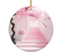 Pink cherry blossom staircase Print Christmas Ornaments Ceramic, Round Hanging Pendant Holiday Home Decor, Party Creative Xmas Gift