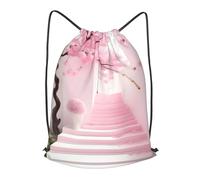 Pink cherry blossom staircase Printed Travel Drawstring Backpack Gym Drawstring Bag Portable Suitable For Short Trips