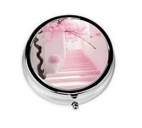 Pink Cherry Blossom Staircase Round Mini Pill Box: 3-Compartment Portable Metal Pill Organizer with Snap Closure, Ideal for Daily Travel Use